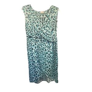 JON & ANNA DRESS Black Green Cheetah Print Cross Over V Neck, Empire Waist L